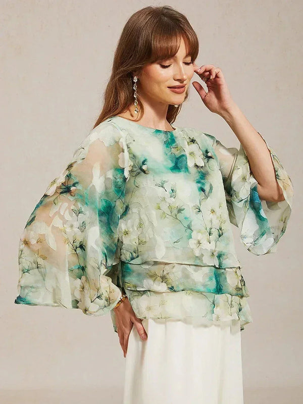 Blouse en Chiffon Lacé à Superposition et Imprimé Floral