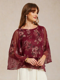 Blouse en Chiffon Lacé à Superposition et Imprimé Floral