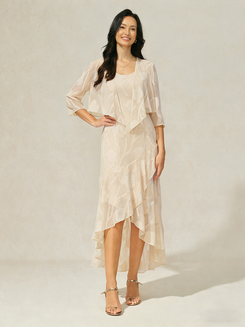 Robe de Soirée en Chiffon Floral Sans Manches à Ourlet Asymétrique