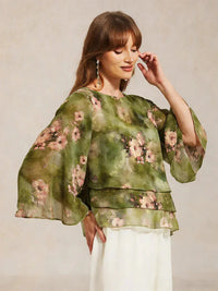 Blouse en Chiffon Lacé à Superposition et Imprimé Floral