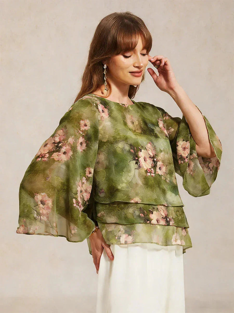 Blouse en Chiffon Lacé à Superposition et Imprimé Floral