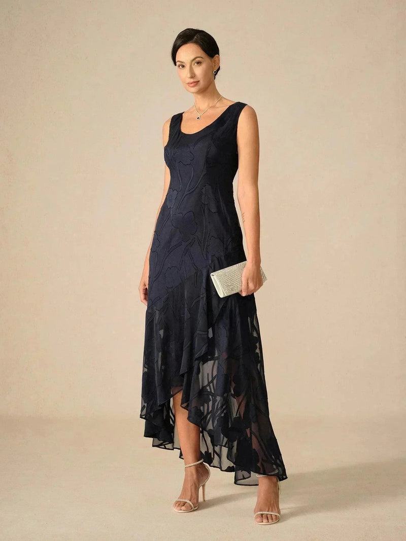 Robe de Soirée en Chiffon Floral Sans Manches à Ourlet Asymétrique