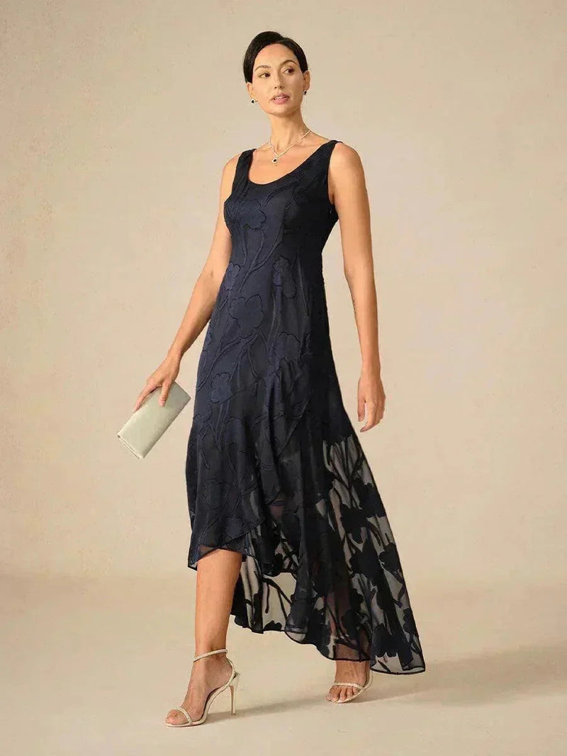 Robe de Soirée en Chiffon Floral Sans Manches à Ourlet Asymétrique