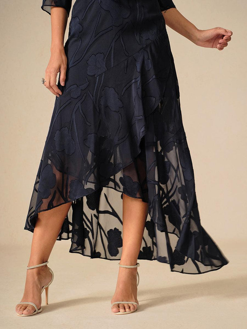 Robe de Soirée en Chiffon Floral Sans Manches à Ourlet Asymétrique