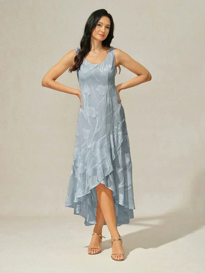 Robe de Soirée en Chiffon Floral Sans Manches à Ourlet Asymétrique