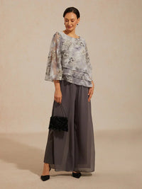 Blouse en Chiffon Lacé à Superposition et Imprimé Floral