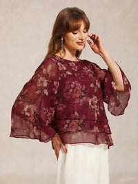 Blouse en Chiffon Lacé à Superposition et Imprimé Floral