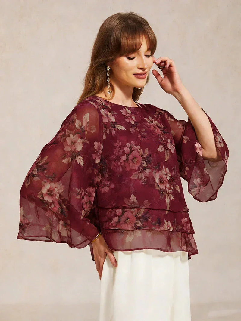 Blouse en Chiffon Lacé à Superposition et Imprimé Floral