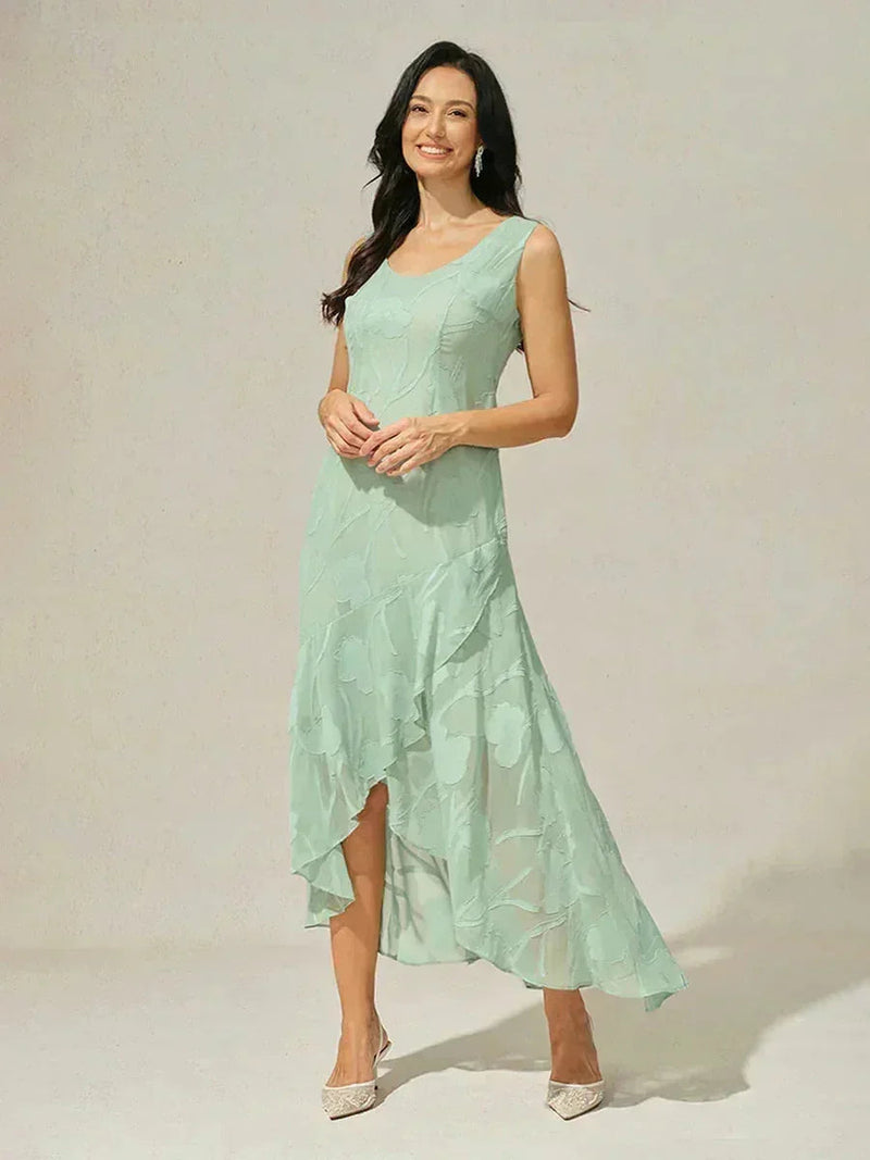 Robe de Soirée en Chiffon Floral Sans Manches à Ourlet Asymétrique