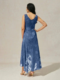 Robe de Soirée en Chiffon Floral Sans Manches à Ourlet Asymétrique