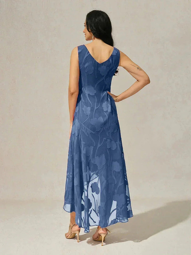 Robe de Soirée en Chiffon Floral Sans Manches à Ourlet Asymétrique