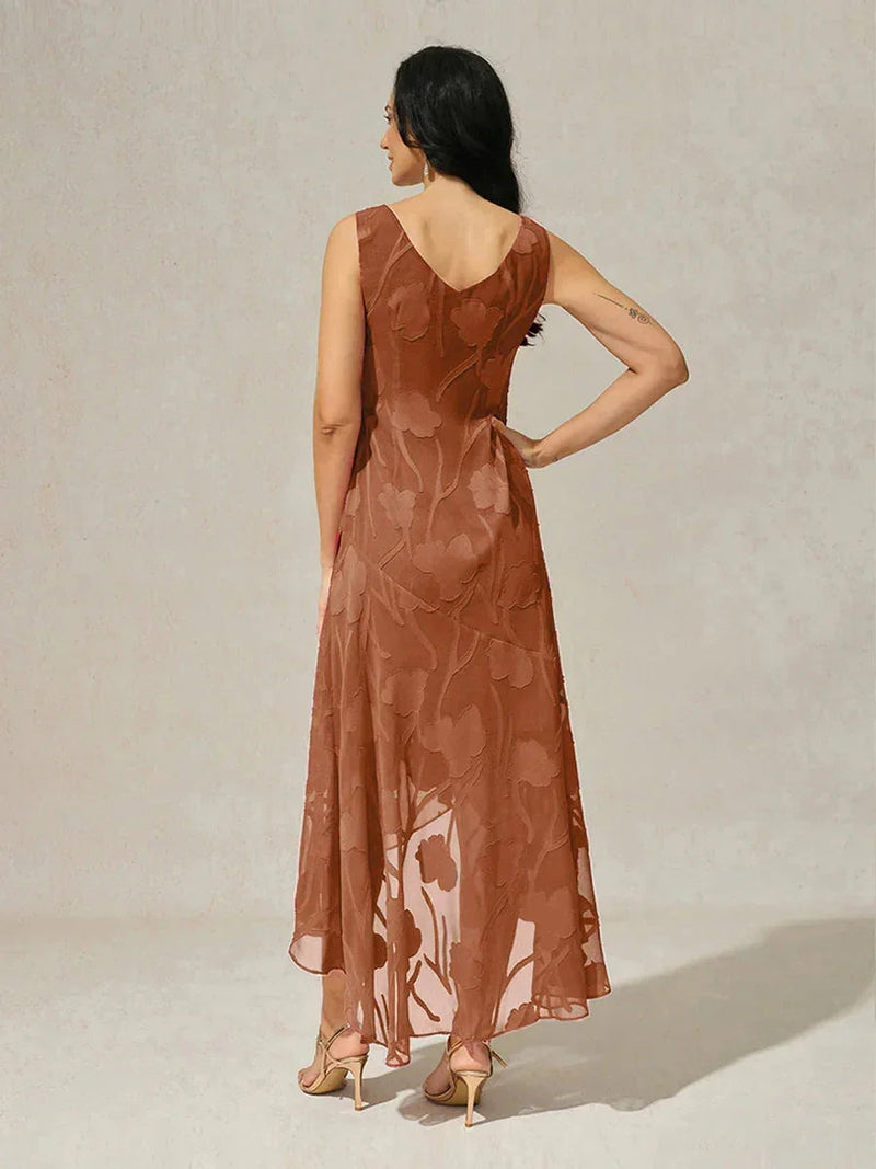 Robe de Soirée en Chiffon Floral Sans Manches à Ourlet Asymétrique