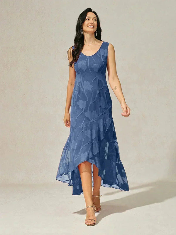 Robe de Soirée en Chiffon Floral Sans Manches à Ourlet Asymétrique
