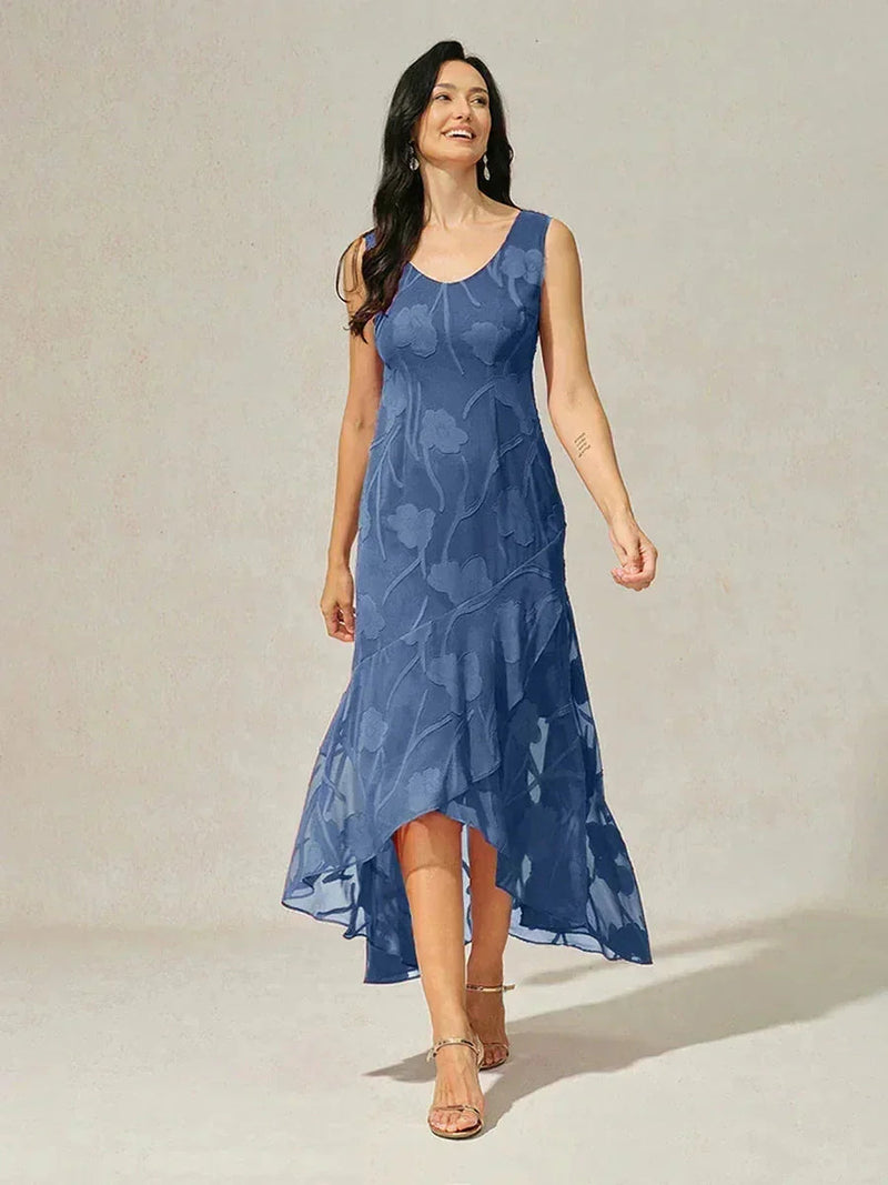 Robe de Soirée en Chiffon Floral Sans Manches à Ourlet Asymétrique