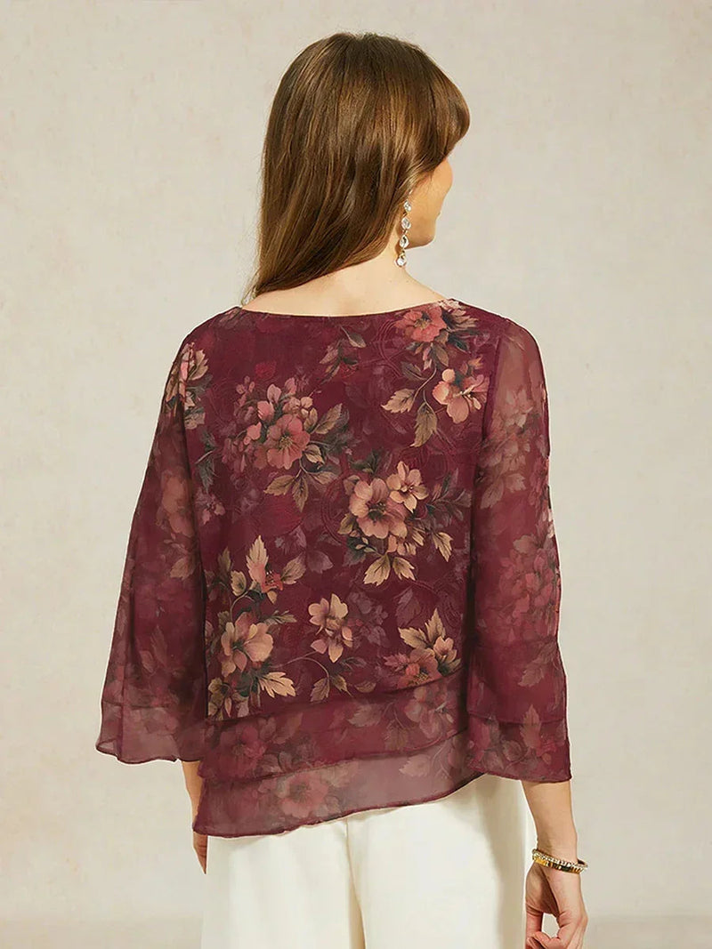Blouse en Chiffon Lacé à Superposition et Imprimé Floral