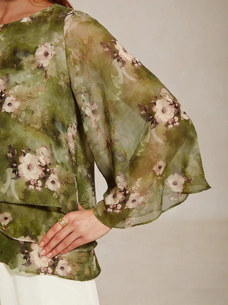 Blouse en Chiffon Lacé à Superposition et Imprimé Floral