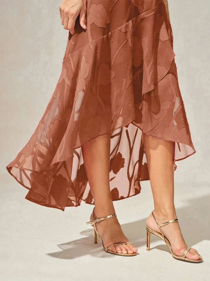Robe de Soirée en Chiffon Floral Sans Manches à Ourlet Asymétrique