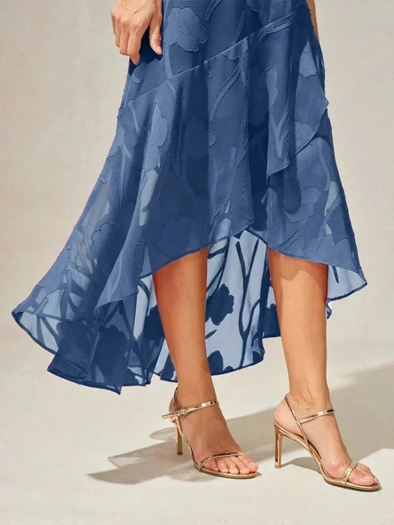 Robe de Soirée en Chiffon Floral Sans Manches à Ourlet Asymétrique