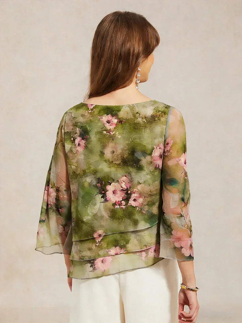 Blouse en Chiffon Lacé à Superposition et Imprimé Floral