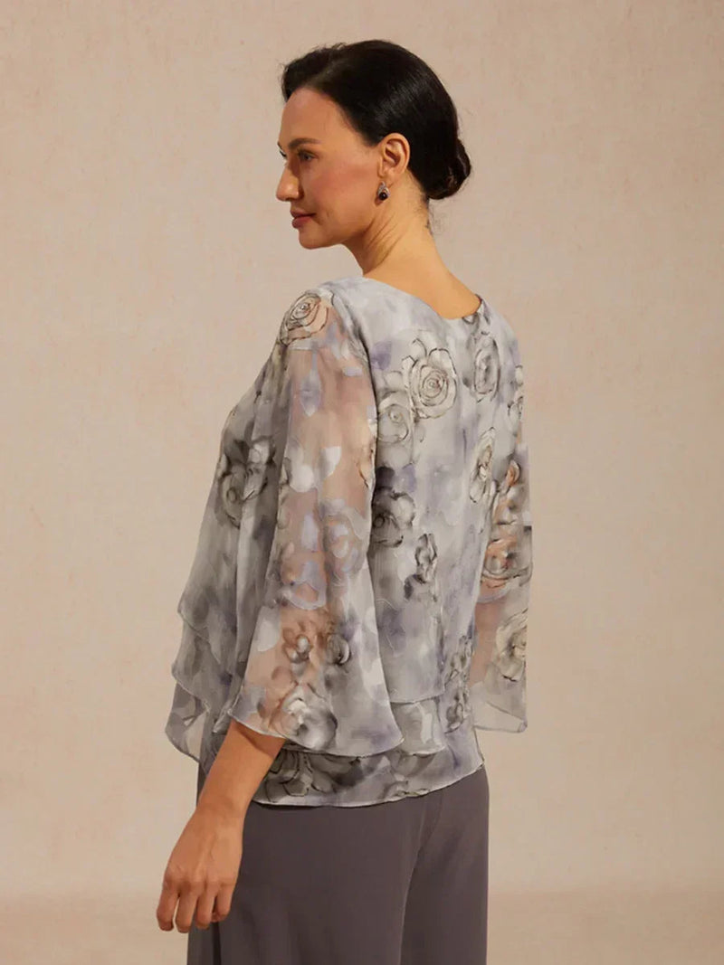 Blouse en Chiffon Lacé à Superposition et Imprimé Floral