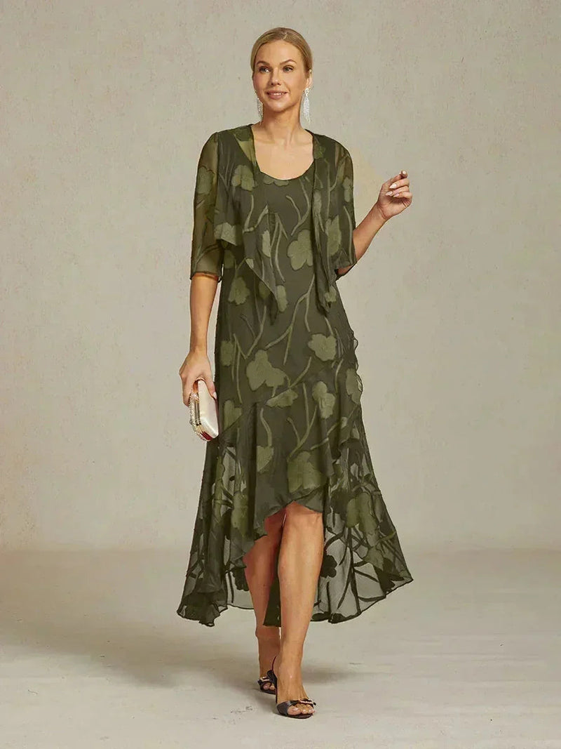 Robe de Soirée en Chiffon Floral Sans Manches à Ourlet Asymétrique