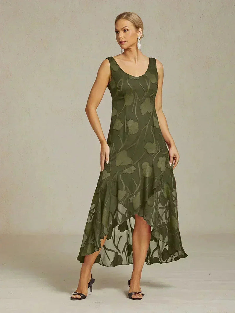 Robe de Soirée en Chiffon Floral Sans Manches à Ourlet Asymétrique