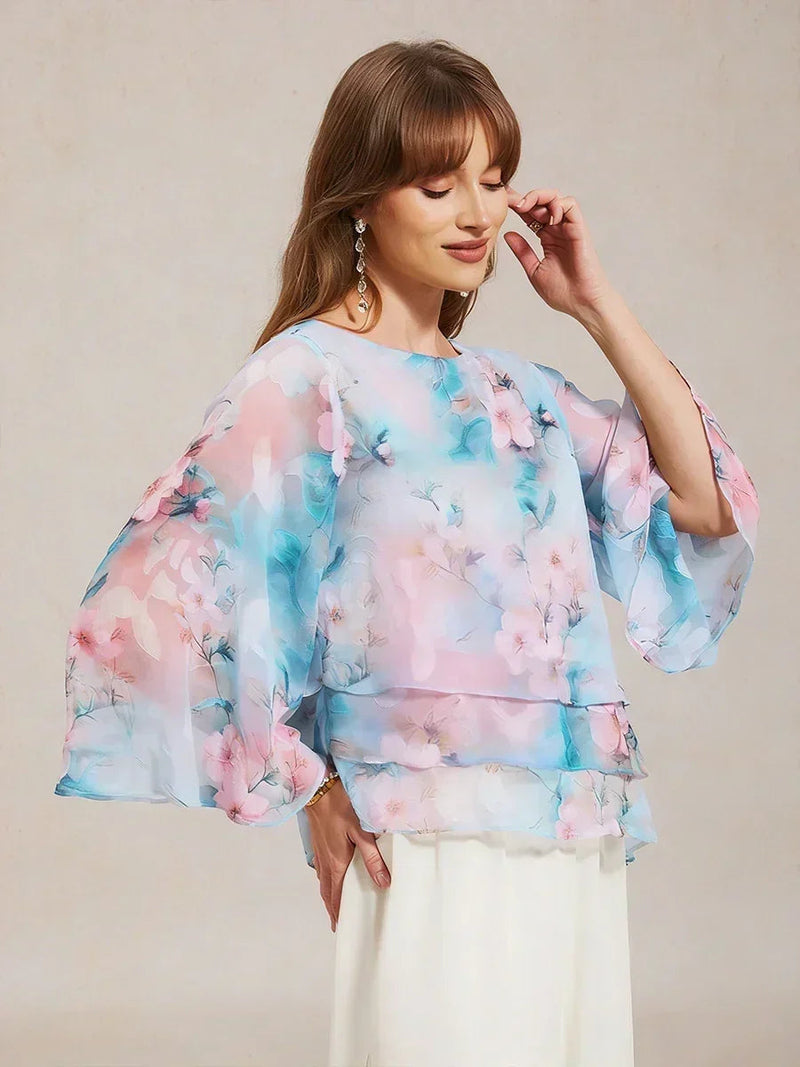 Blouse en Chiffon Lacé à Superposition et Imprimé Floral