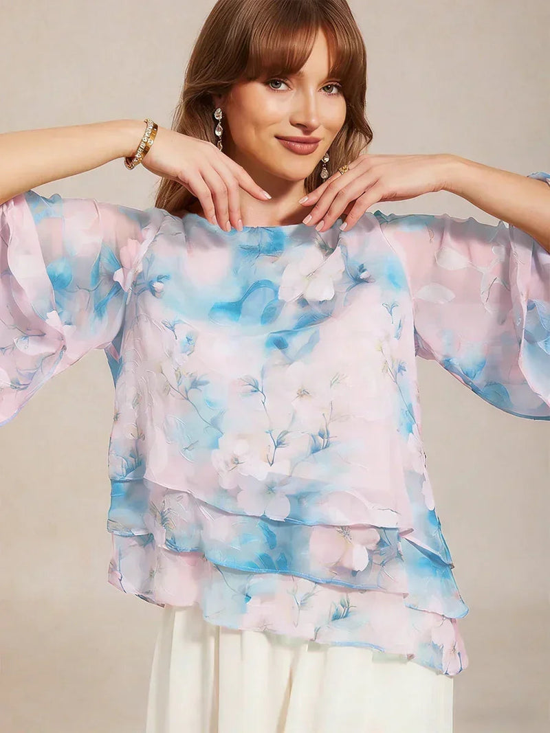 Blouse en Chiffon Lacé à Superposition et Imprimé Floral