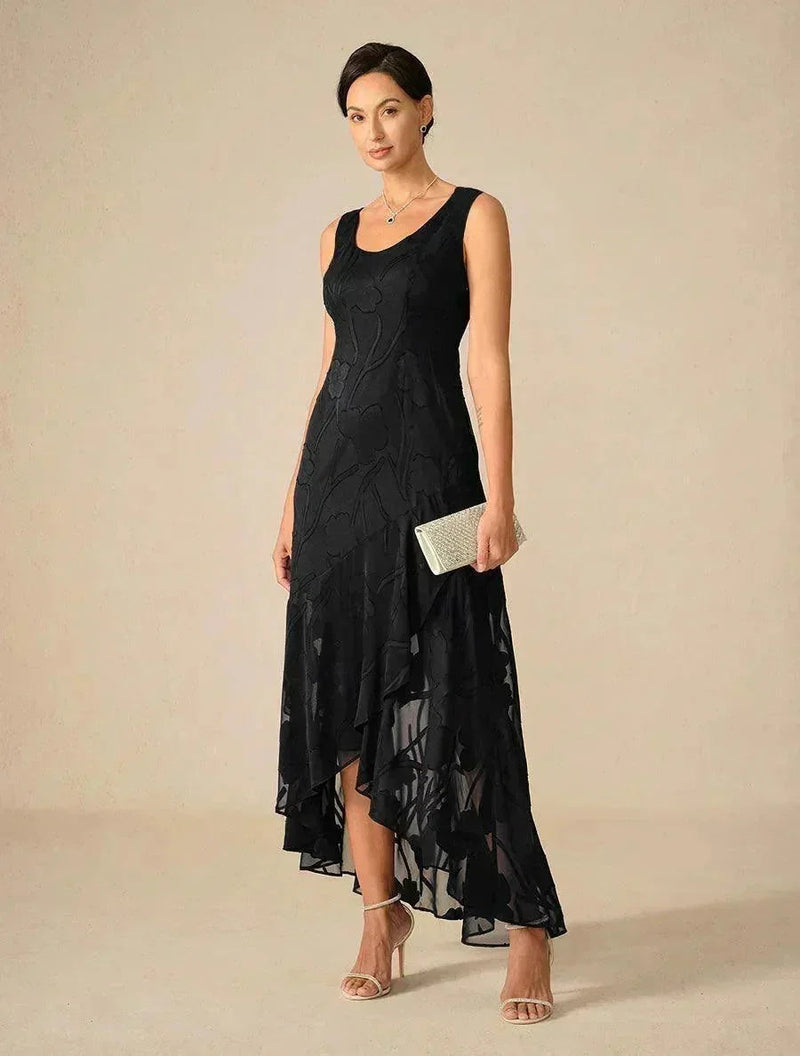 Robe de Soirée en Chiffon Floral Sans Manches à Ourlet Asymétrique