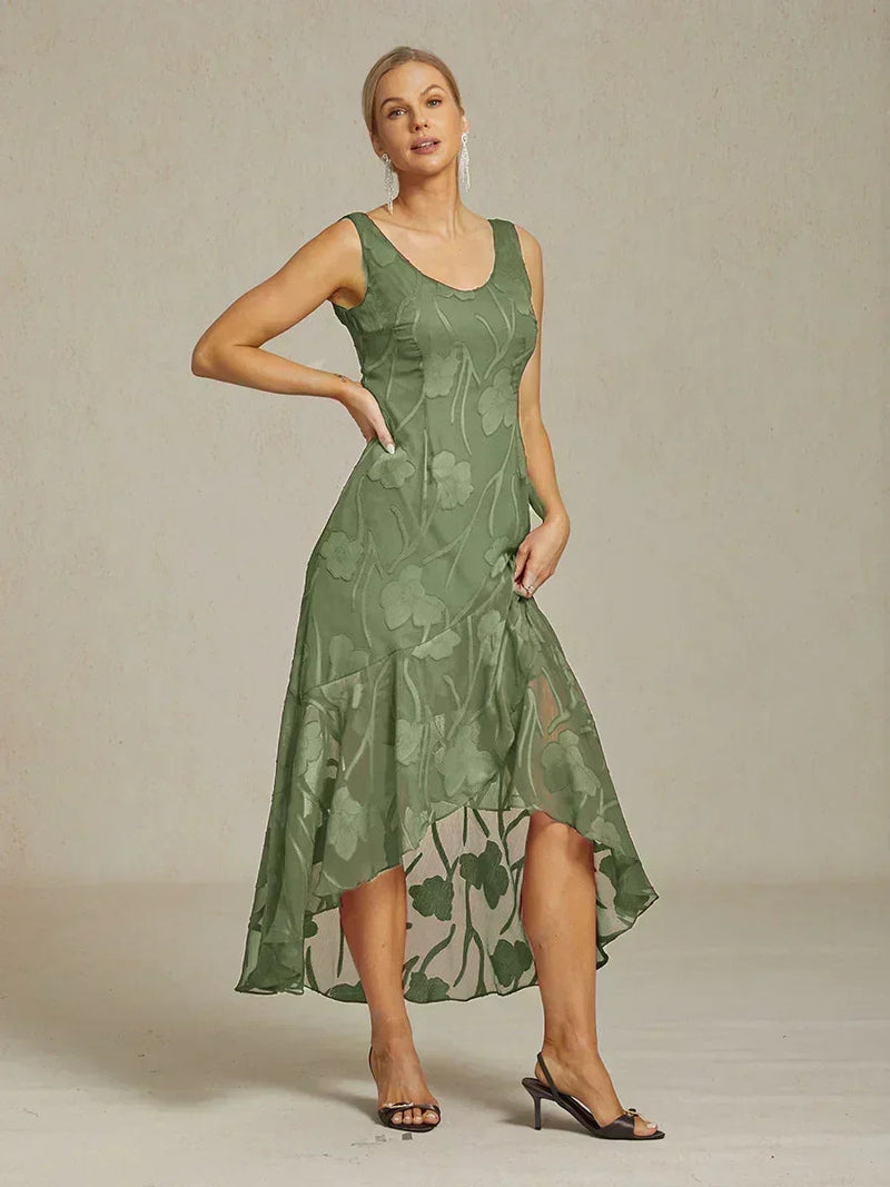 Robe de Soirée en Chiffon Floral Sans Manches à Ourlet Asymétrique