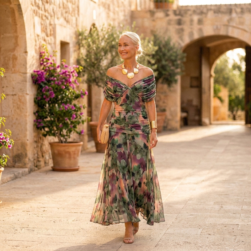 Robe Maxi de Soirée à Col en V et Imprimé Floral Peint Fantaisie