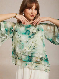 Blouse en Chiffon Lacé à Superposition et Imprimé Floral