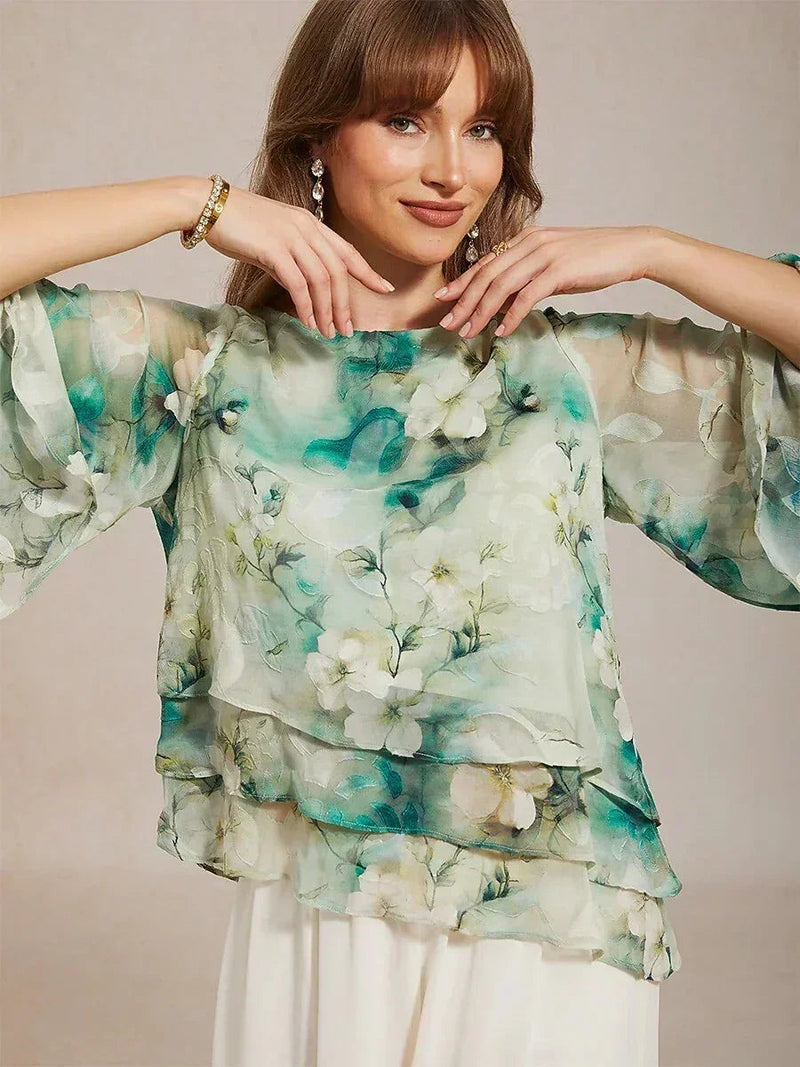 Blouse en Chiffon Lacé à Superposition et Imprimé Floral