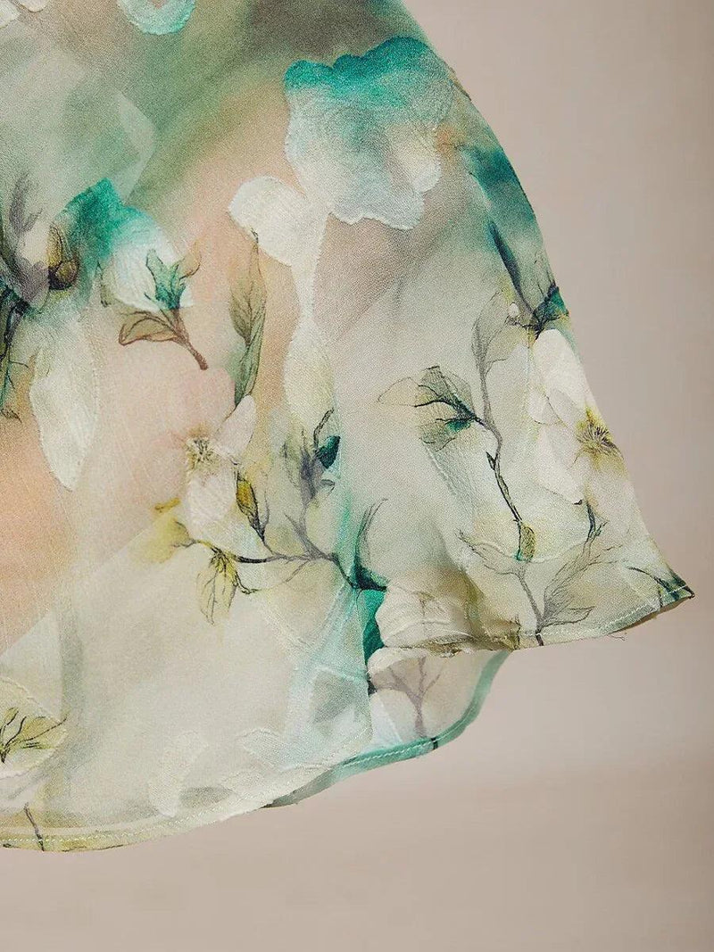 Blouse en Chiffon Lacé à Superposition et Imprimé Floral
