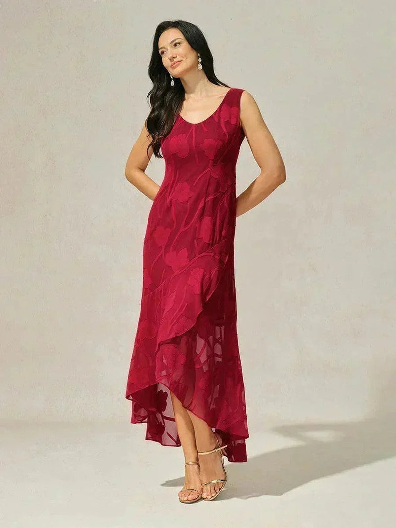 Robe de Soirée en Chiffon Floral Sans Manches à Ourlet Asymétrique