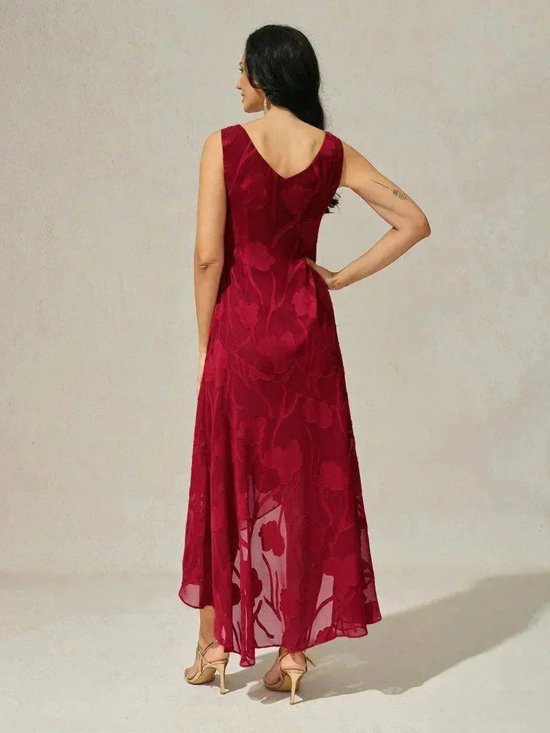 Robe de Soirée en Chiffon Floral Sans Manches à Ourlet Asymétrique