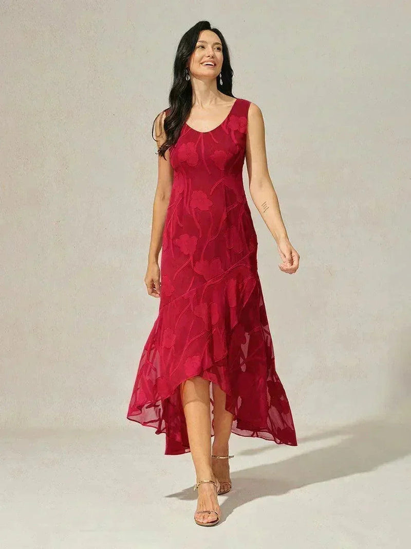 Robe de Soirée en Chiffon Floral Sans Manches à Ourlet Asymétrique