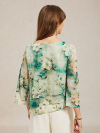 Blouse en Chiffon Lacé à Superposition et Imprimé Floral